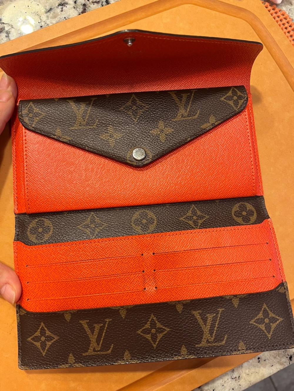 Louis Vuitton Monogram Canvas Wallet with Orange Epi Leather Flap